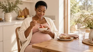 Pregnant woman enjoying strawberries at a kitchen table.
