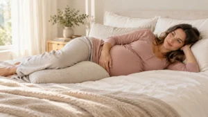Pregnant woman resting on her side with a neutral pillow supporting her bent knees.