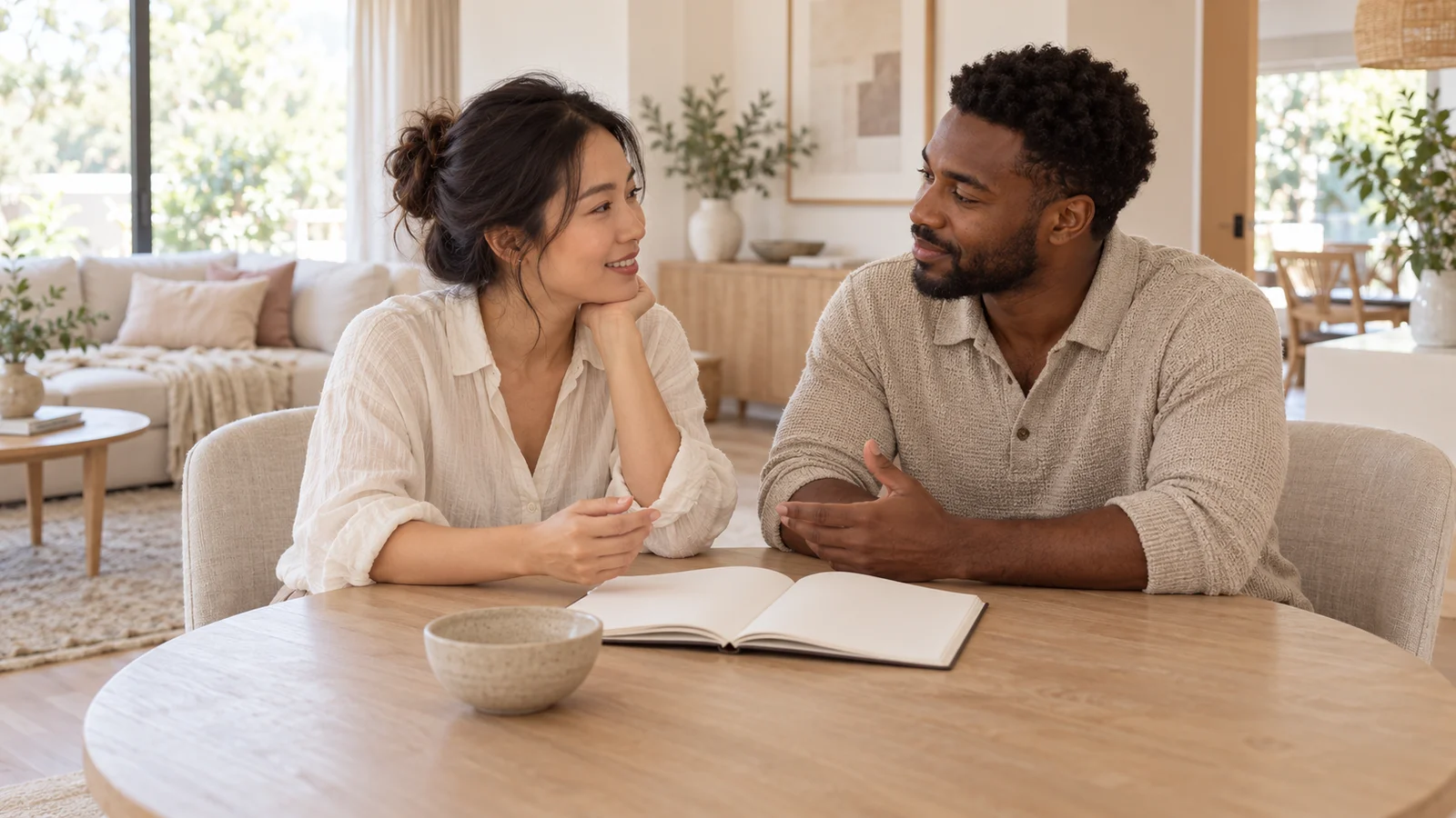Couple talking together over an open notebook at home.