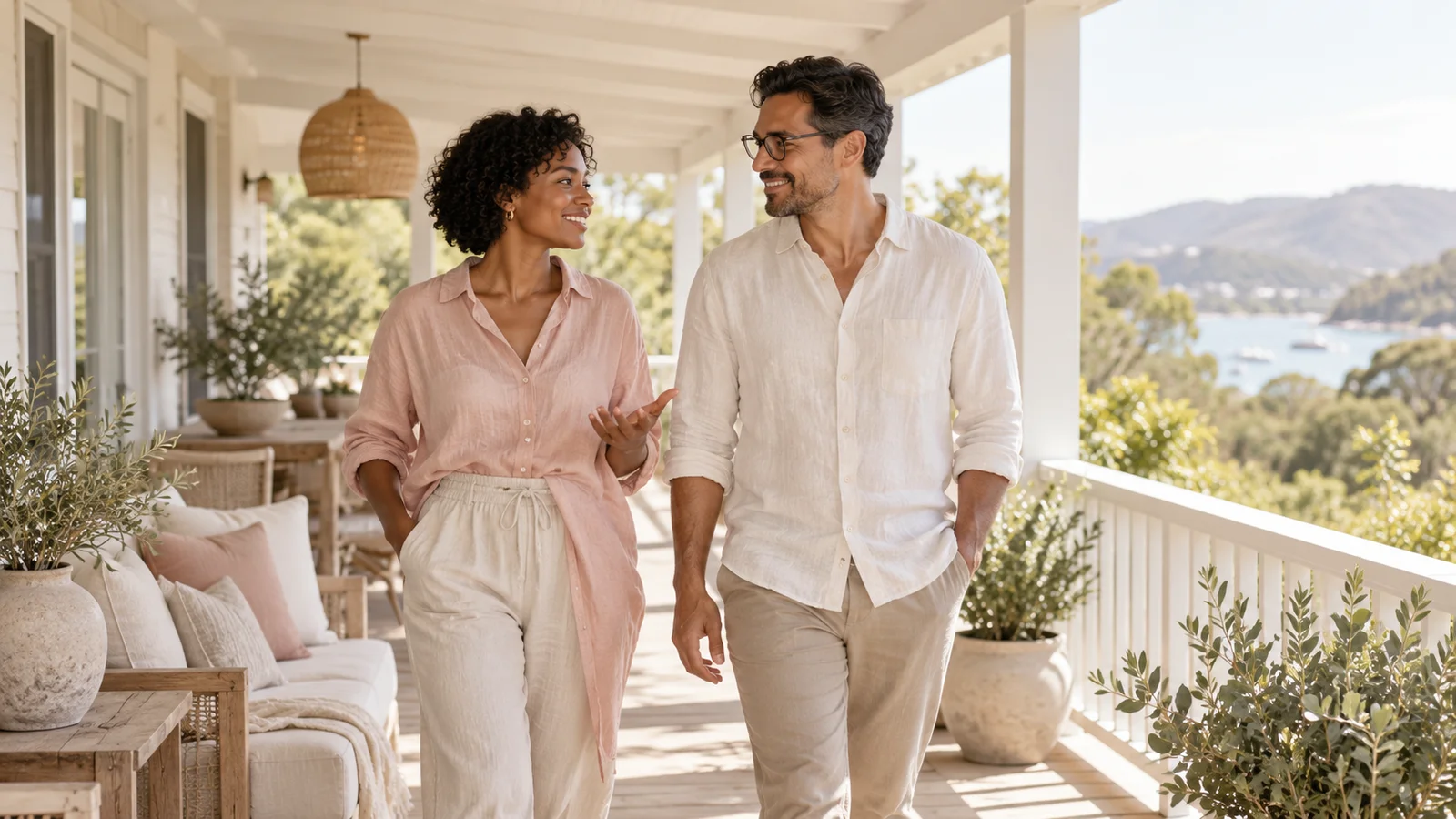 Couple walking and talking together on a sunlit veranda.