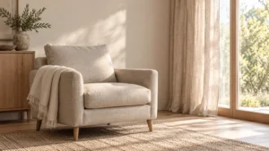 Empty linen armchair beside a softly lit window.