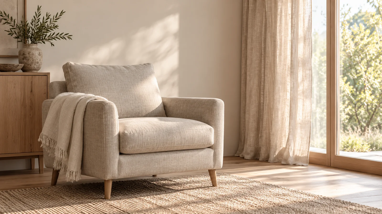 Empty linen armchair beside a softly lit window.