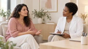 Woman speaking with a healthcare professional in a consultation room.