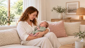 Mother holding a newborn in her arms at home.