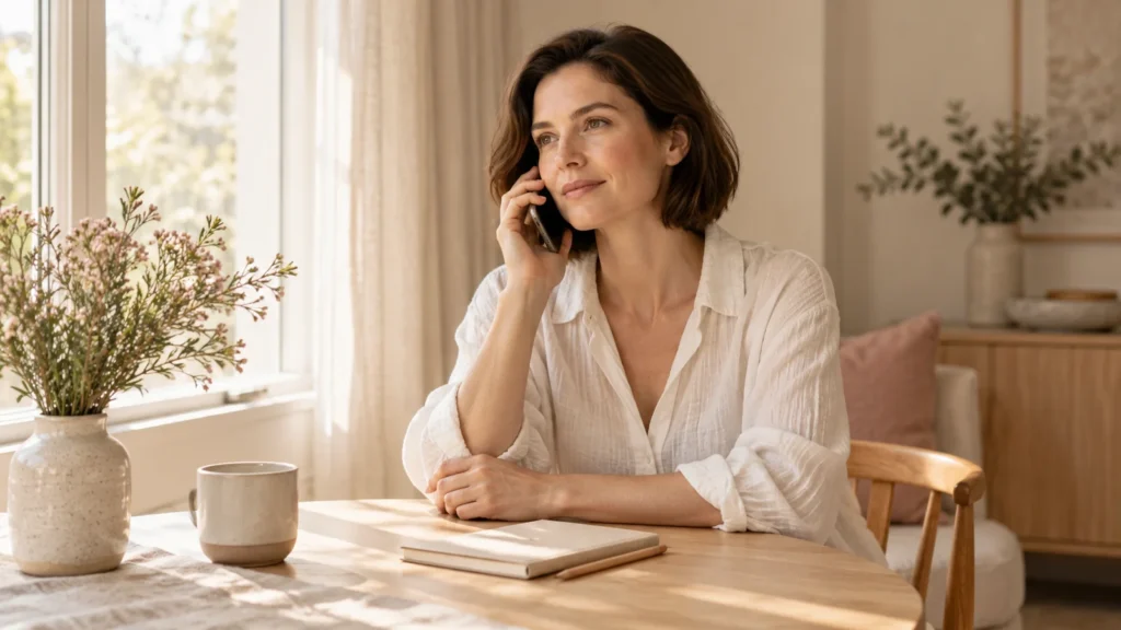 Woman making a phone call beside a window with a notebook on the table.
