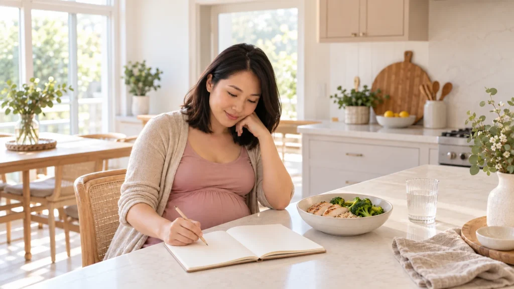 Pregnant woman writing in a notebook beside a meal and glass of water.