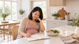 Pregnant woman writing in a notebook beside a meal and glass of water.