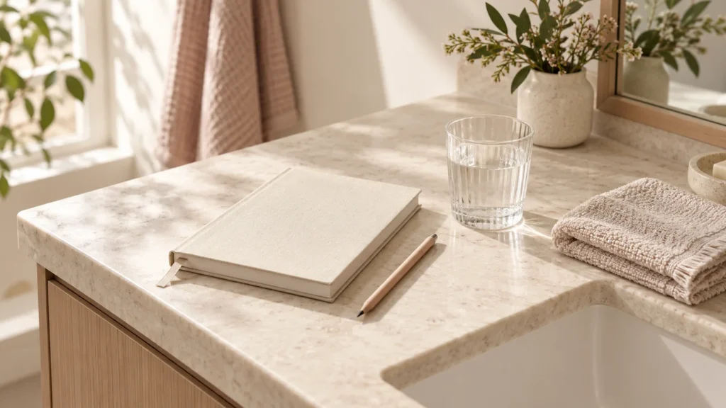 Notebook, pencil, glass of water and folded hand towel on a pale stone vanity.
