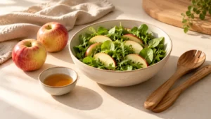Fresh apples and a small dish of vinegar beside a salad bowl.