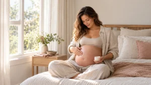 Pregnant woman applying moisturiser to her belly beside a sunlit window.