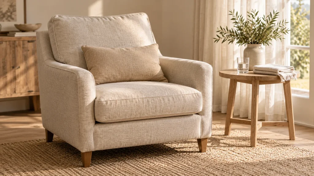 Neutral cushion on an adult armchair with a cloth and water nearby.