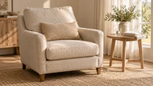 Neutral cushion on an adult armchair with a cloth and water nearby.