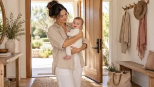 Parent holding an awake baby near the front door.