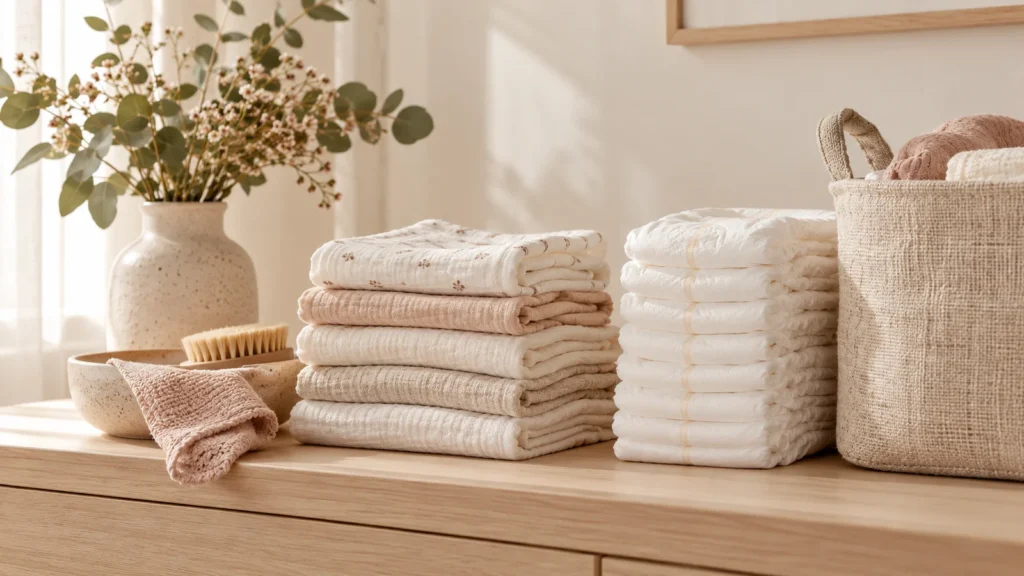 Nappies, folded cotton cloths and a linen storage basket.