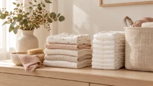Nappies, folded cotton cloths and a linen storage basket.