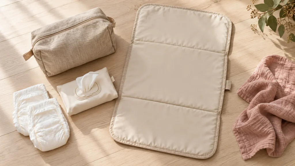 Neutral foldable changing mat, nappies, wipes and a linen travel bag on a pale timber floor.