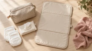 Neutral foldable changing mat, nappies, wipes and a linen travel bag on a pale timber floor.