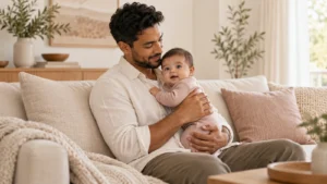 Father seated on a sofa holding his baby against his chest.