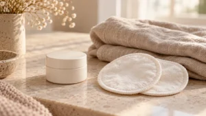 Plain skincare jar beside cotton nursing pads and a folded cloth.