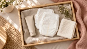 Plain cream tube, nappies and a washcloth in a wooden tray.