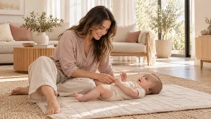 Mother sitting beside her awake baby on a flat floor mat.