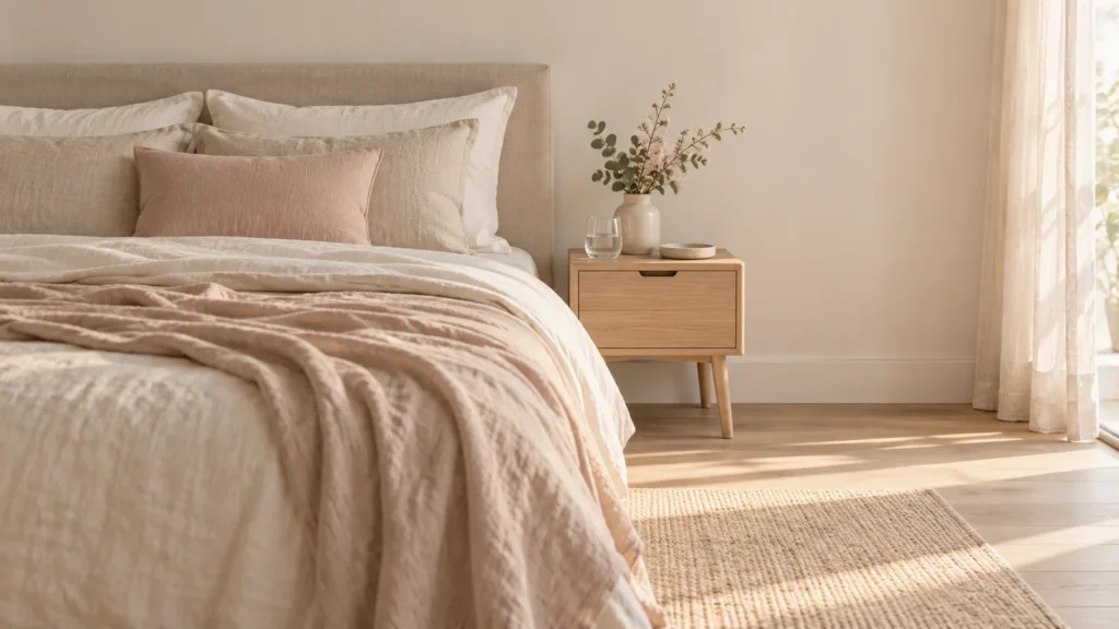 Adult bedroom with ivory bedding and a pale timber bedside table.