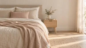 Adult bedroom with ivory bedding and a pale timber bedside table.