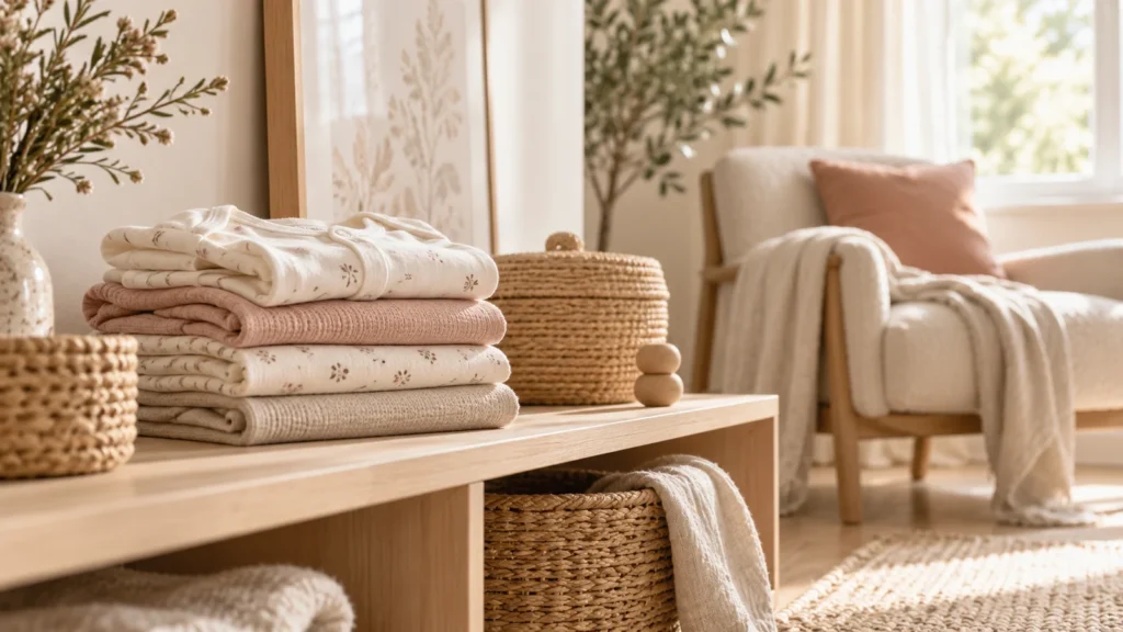 Folded infant clothes on a timber shelf in a softly lit living room.