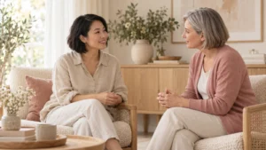 Two women talking together in a quiet room.