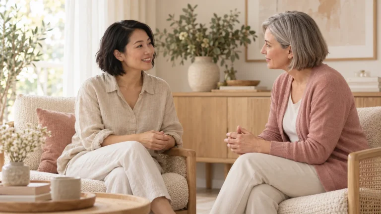 Two women talking together in a quiet room.