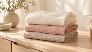 Folded ivory, rose and oatmeal muslin cloths on a timber dresser.