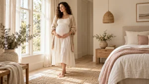 Pregnant woman standing by a window with her hands beneath her belly.