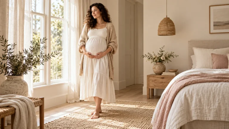 Pregnant woman standing by a window with her hands beneath her belly.