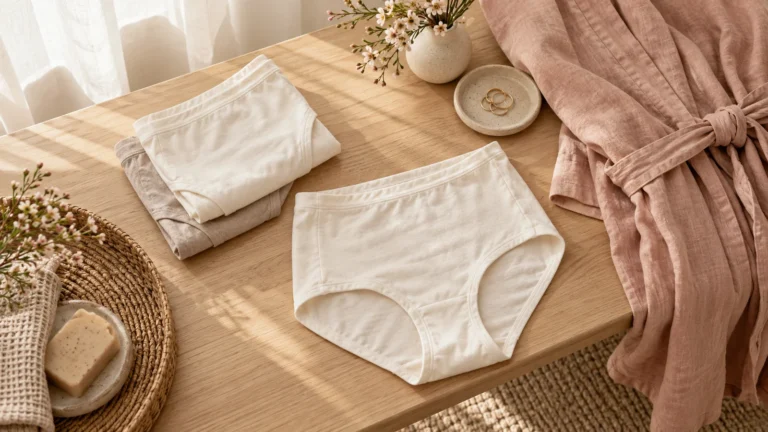 Plain high-waisted cotton underwear arranged beside a linen robe.