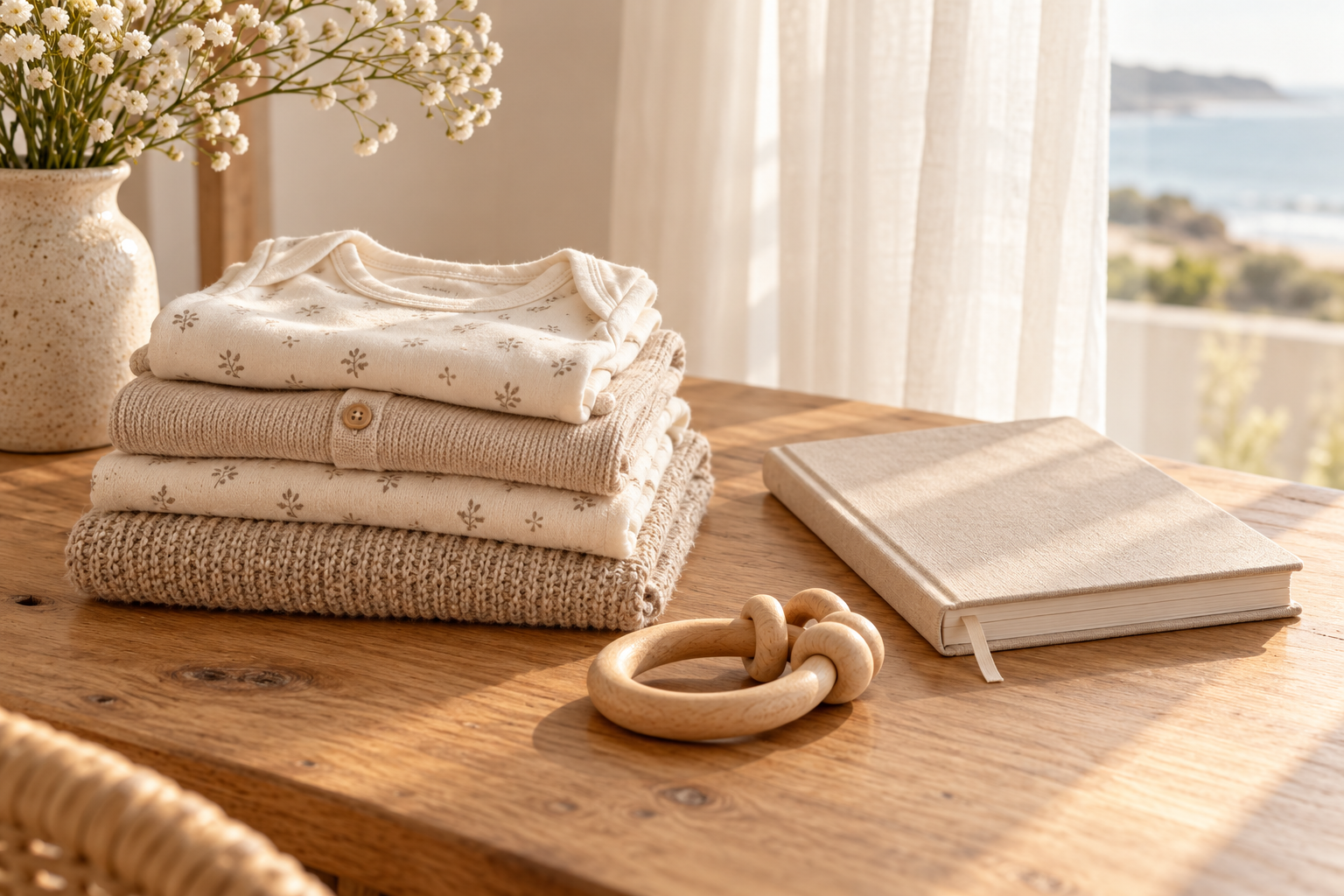 Folded ivory and oatmeal baby clothes with a journal and wooden ring on linen.
