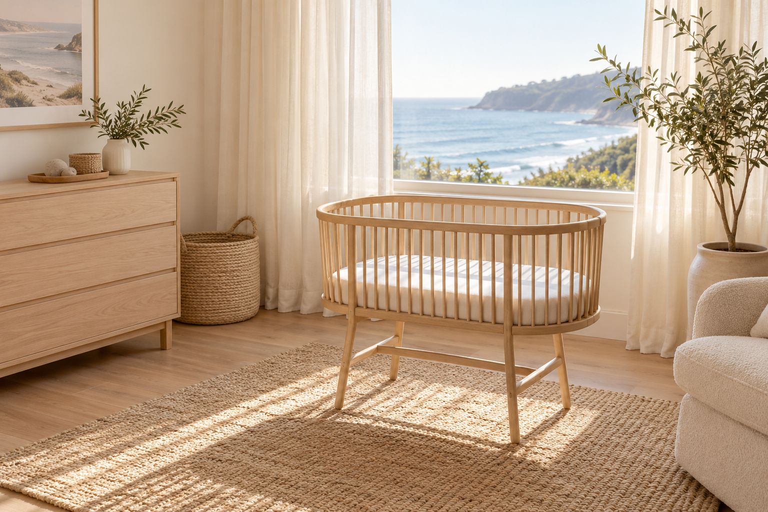 An empty bassinet with a firm bare mattress in a sunlit ivory nursery.