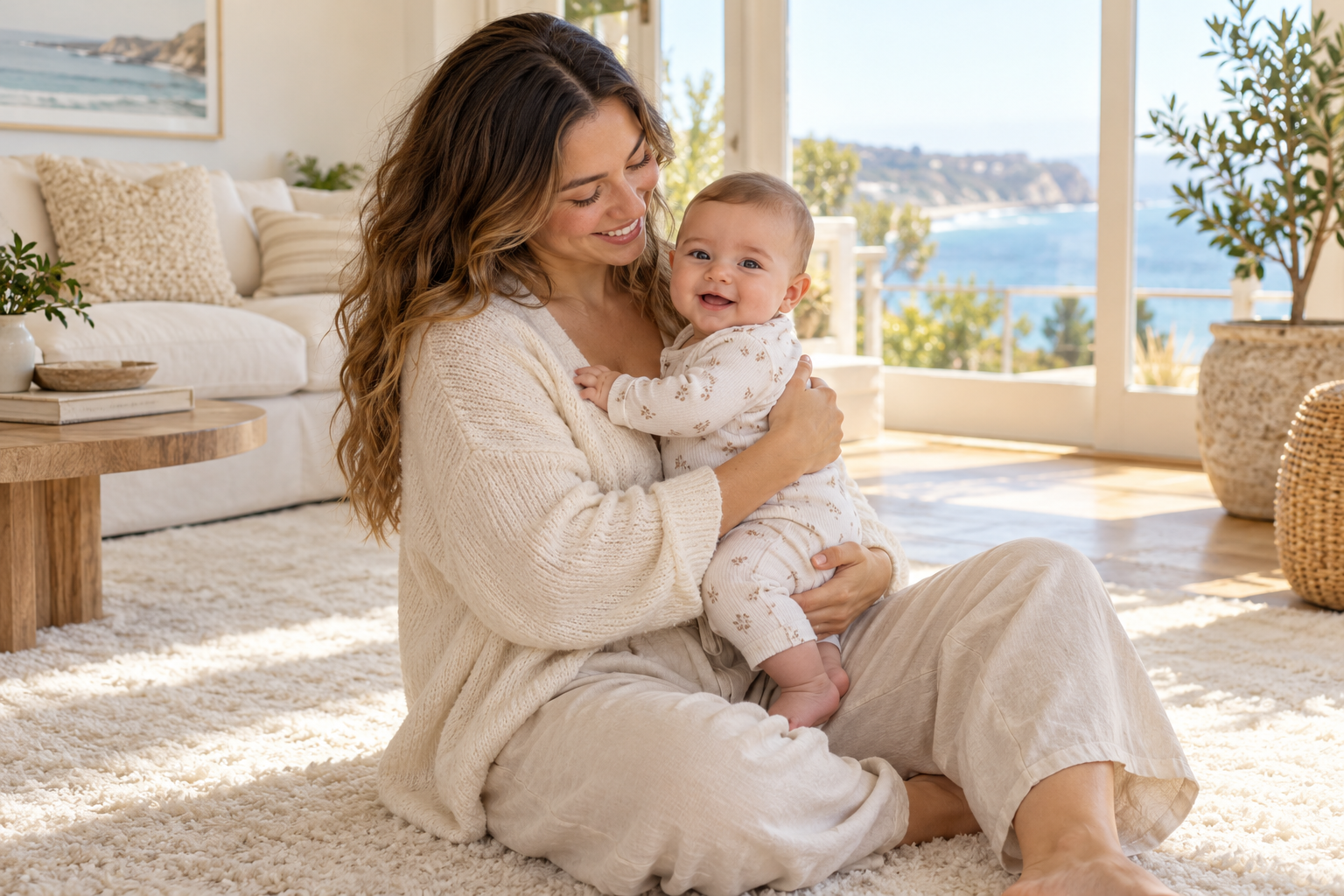 A mother securely supports her awake baby as they sit together on an ivory rug.