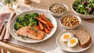 Cooked salmon, vegetables, quinoa, chickpeas, boiled eggs and wholegrain bread on a dining table.