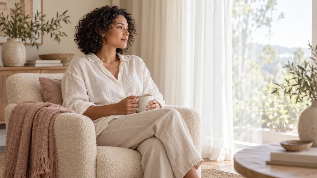 Woman holding a mug while sitting beside a sunlit window.
