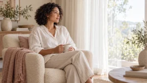 Woman holding a mug while sitting beside a sunlit window.