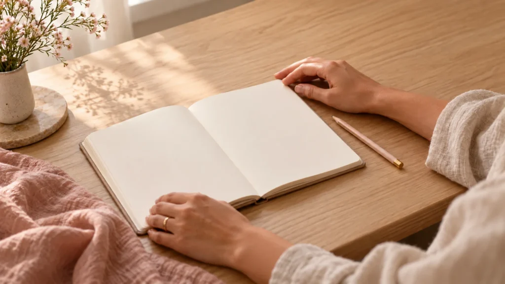 Hands beside an open blank journal and pencil on a sunlit timber desk.