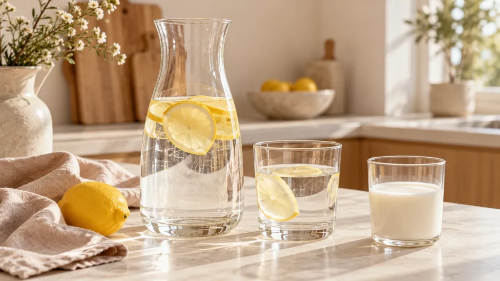 A carafe and glass of lemon water beside a glass of milk on a kitchen bench.