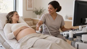 Pregnant woman having an ultrasound examination with a healthcare professional.