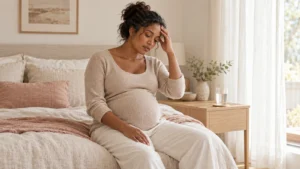 Pregnant woman resting on the edge of a bed with a glass of water nearby.