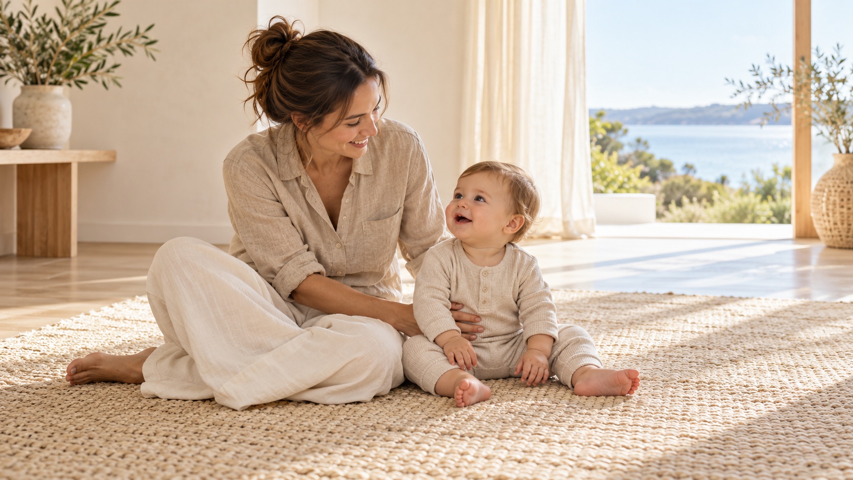 A mother supports her awake baby on a rug