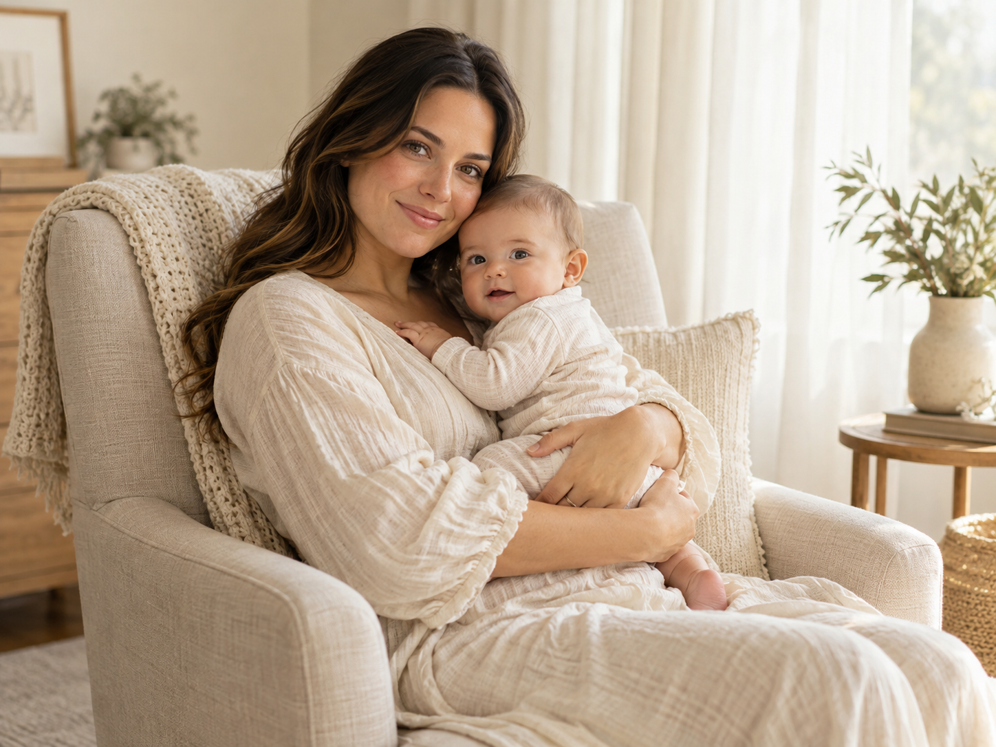 A mother holds her awake baby upright in a warm ivory linen chair.