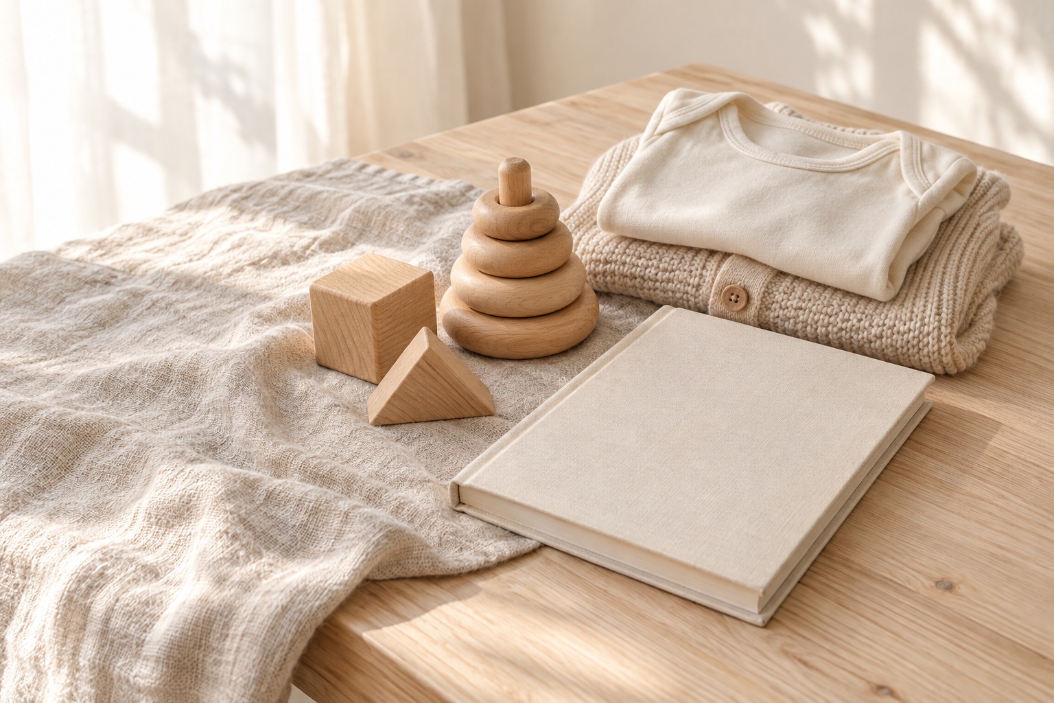 Neutral baby clothes, wooden toys and a keepsake book