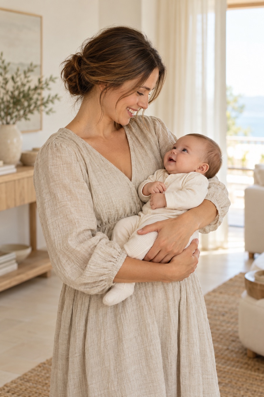 Smiling mother holding an awake baby