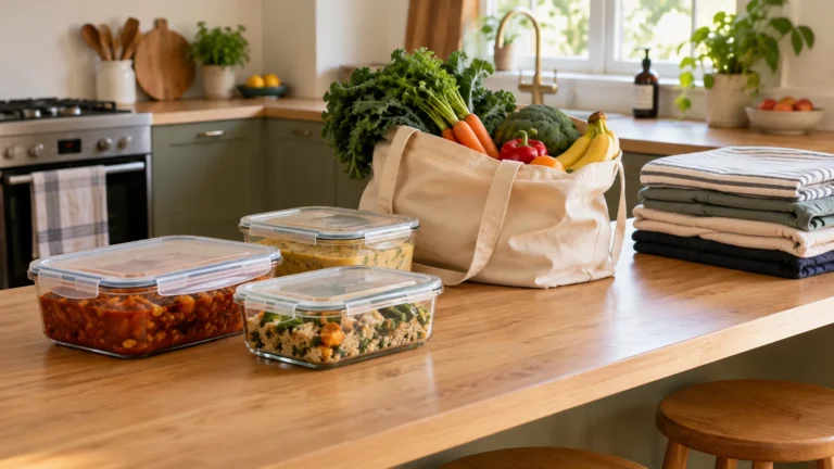 Covered meal containers, groceries and folded washing arranged for practical help after birth.